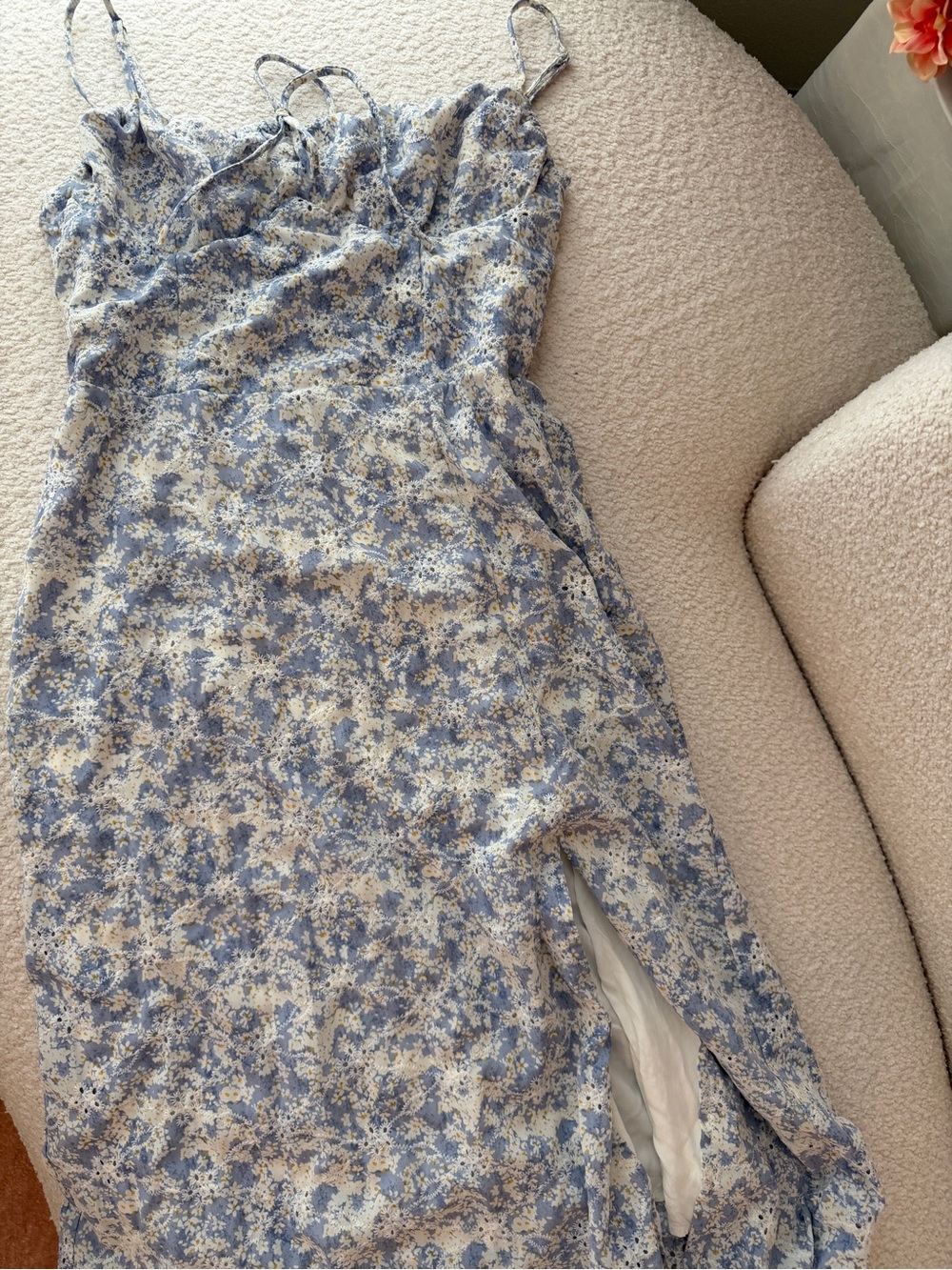 All in Favor Blue and White Floral Eyelet Midi Dress Slit